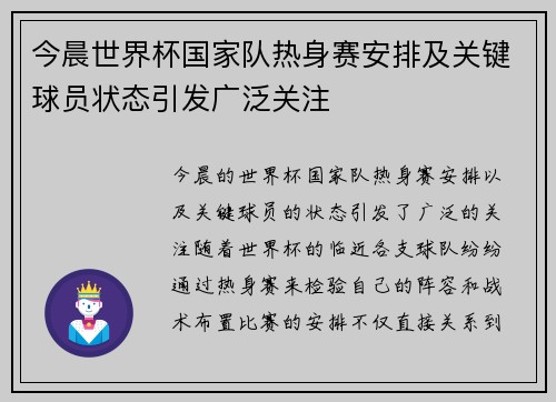 今晨世界杯国家队热身赛安排及关键球员状态引发广泛关注